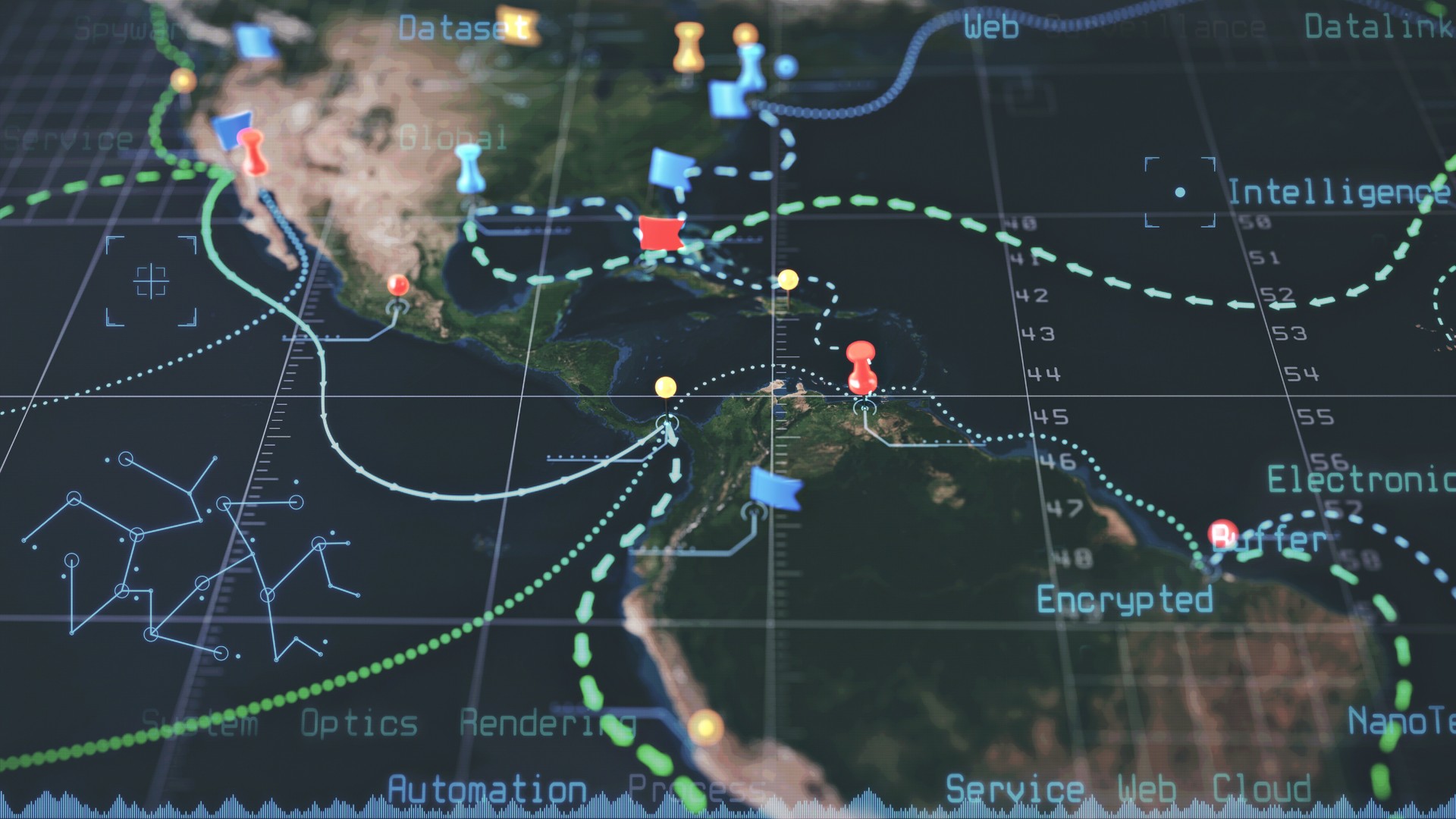Strategic world map of the Americas with digital infographics overlay